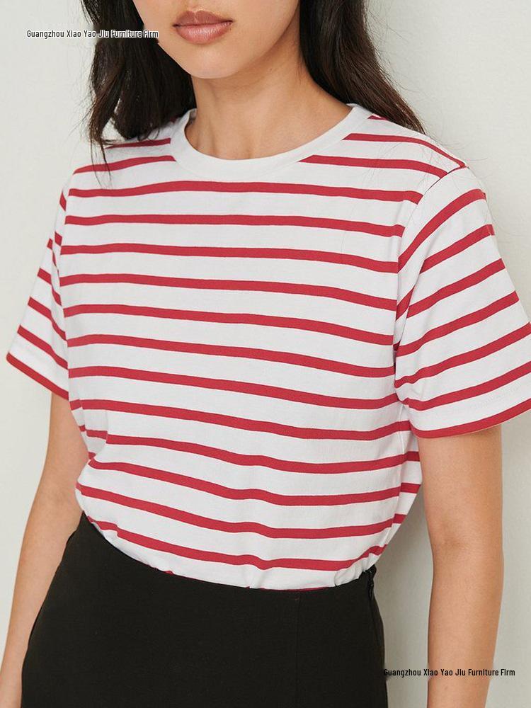 2026 Spring/Summer European & American Trend: Versatile Striped Round Neck Casual Short Sleeve T-Shirt