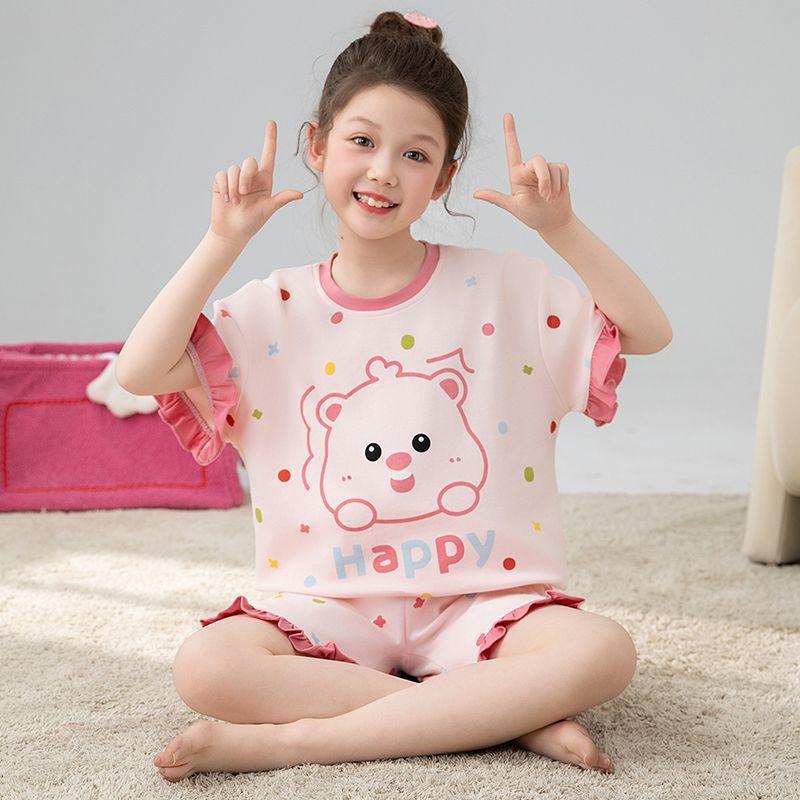 Girls Cotton Cartoon Pajama Set Short Sleeve Shorts Sleepwear Kids 8 Years