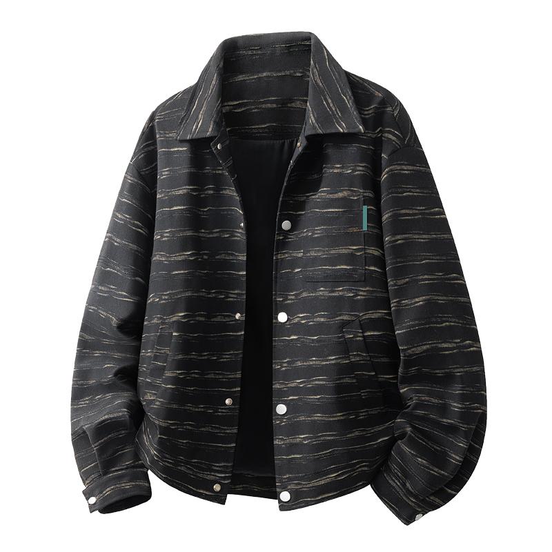 Men Lapel Button Down Striped Jacket Loose Casual Long Sleeve Outerwear Coat