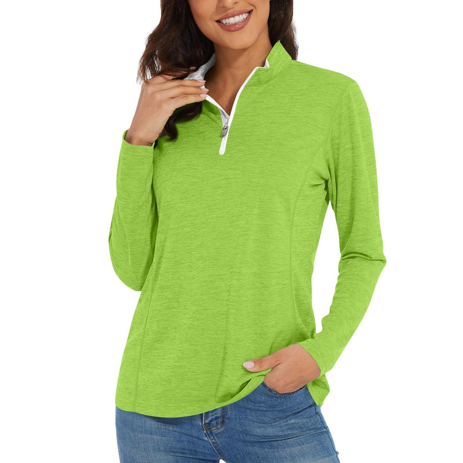 

Женская повседневная модная однотонная футболка с длинным рукавом и застежкой-молнией на шее L зелёный