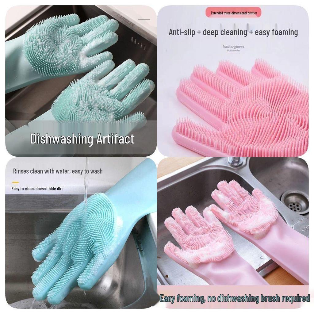 Durable Fleece-Lined Silicone Dishwashing Gloves - Non-Slip, Thickened for Household Scrubbing & Cleaning