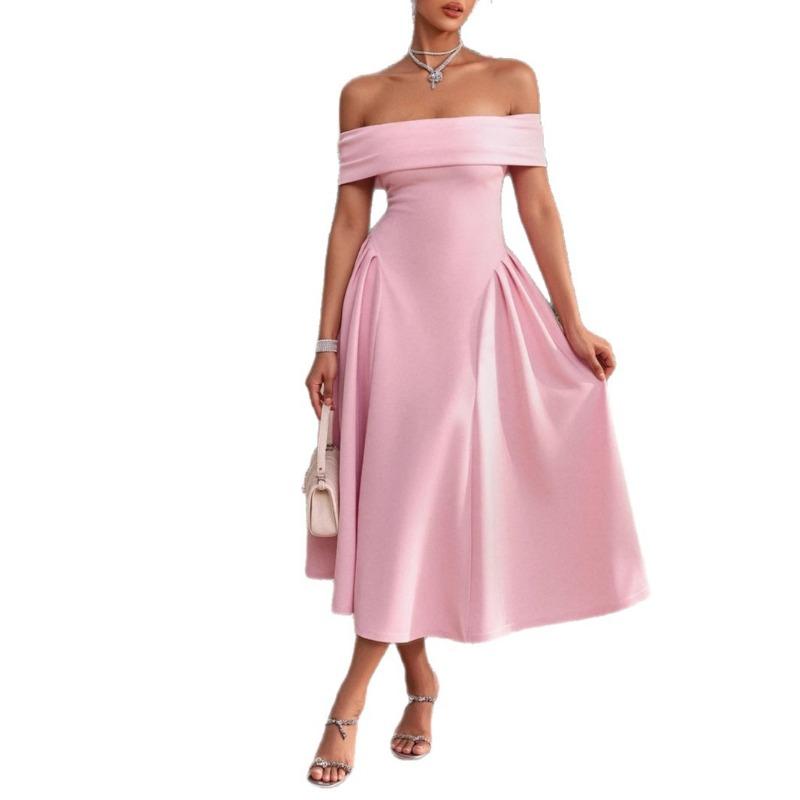 Elegant and Refined One-shoulder Off-the-shoulder Cinched Waist Dress for Women's Spring and Summer