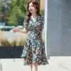 Summer new women's clothing French V-neck floral short-sleeved small slim red skirt chiffon dress