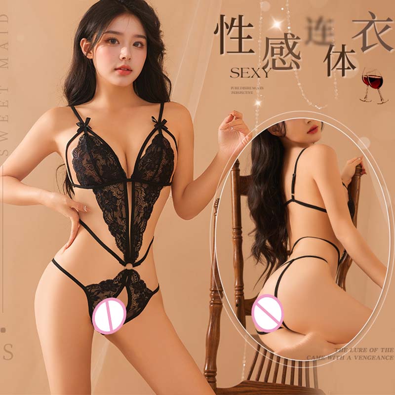 Sexy Crotchless  Lingerie Women Lace Hollow Bodysuit Erotic Pajamas Teddy Babydoll Dress Deep V Open Bra Porn Underwear Set