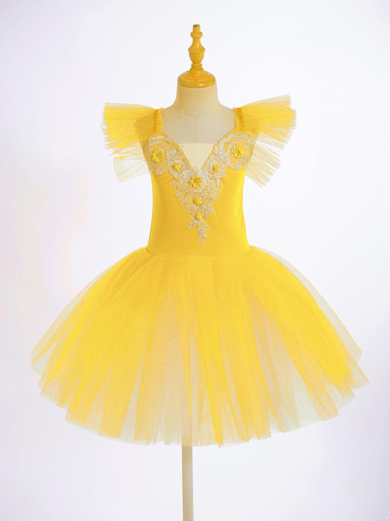 Girls Princess Tutu Dress with Flying Sleeves & Lace Flower Decor, Adjustable Spaghetti Straps, Mesh Skirt + Headdress for Dance Party