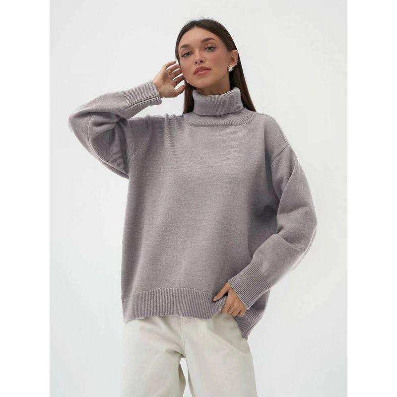 New Arrival Fall and Winter Plaid Loose All-Matching Graceful Pullover Turtleneck Sweater Turtleneck Loose Sweater