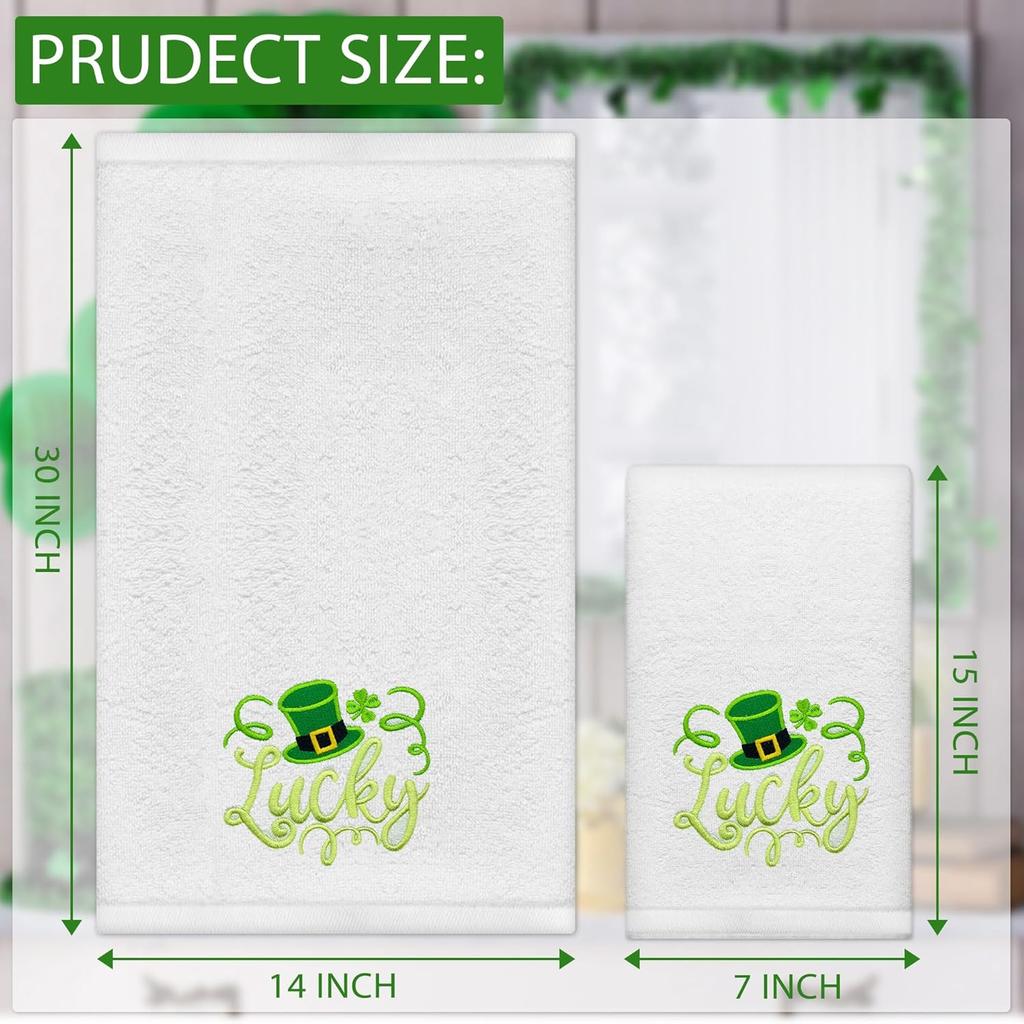 Hexagram St Patricks Day Hand Towels for Bathroom Set of 2, St Patricks Day Bathroom Decor Embroidered Lucky Green Hat Shamrock Pattern, Soft Luxury