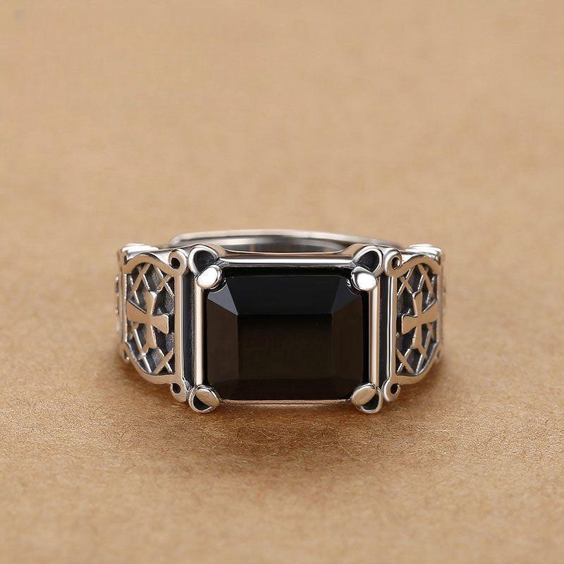 S925 Sterling Silver New Style Men Ring Fancy Trendy Domineering Personalized Hip Hop Cross Opening Ring Ornament