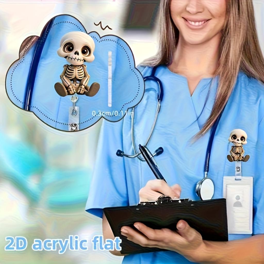 2D flacher morphing Totenkopf einziehbarer Ausweishalter, PMMA Acryl Ausweishalter für Krankenschwestern RN Pflegestudenten, Niedliches flaches Design Arbeitsausweis Lanyard