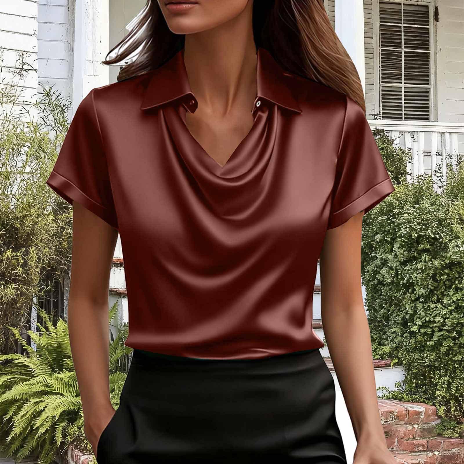 

Women s Fashionable Color Lapel Short Sleeved Temperament Pullover Shirt Top XL винний
