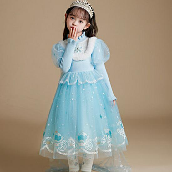 Girls' Frozen Elsa Fleece-Lined Winter Dress - Fashionable Princess Evening Dress