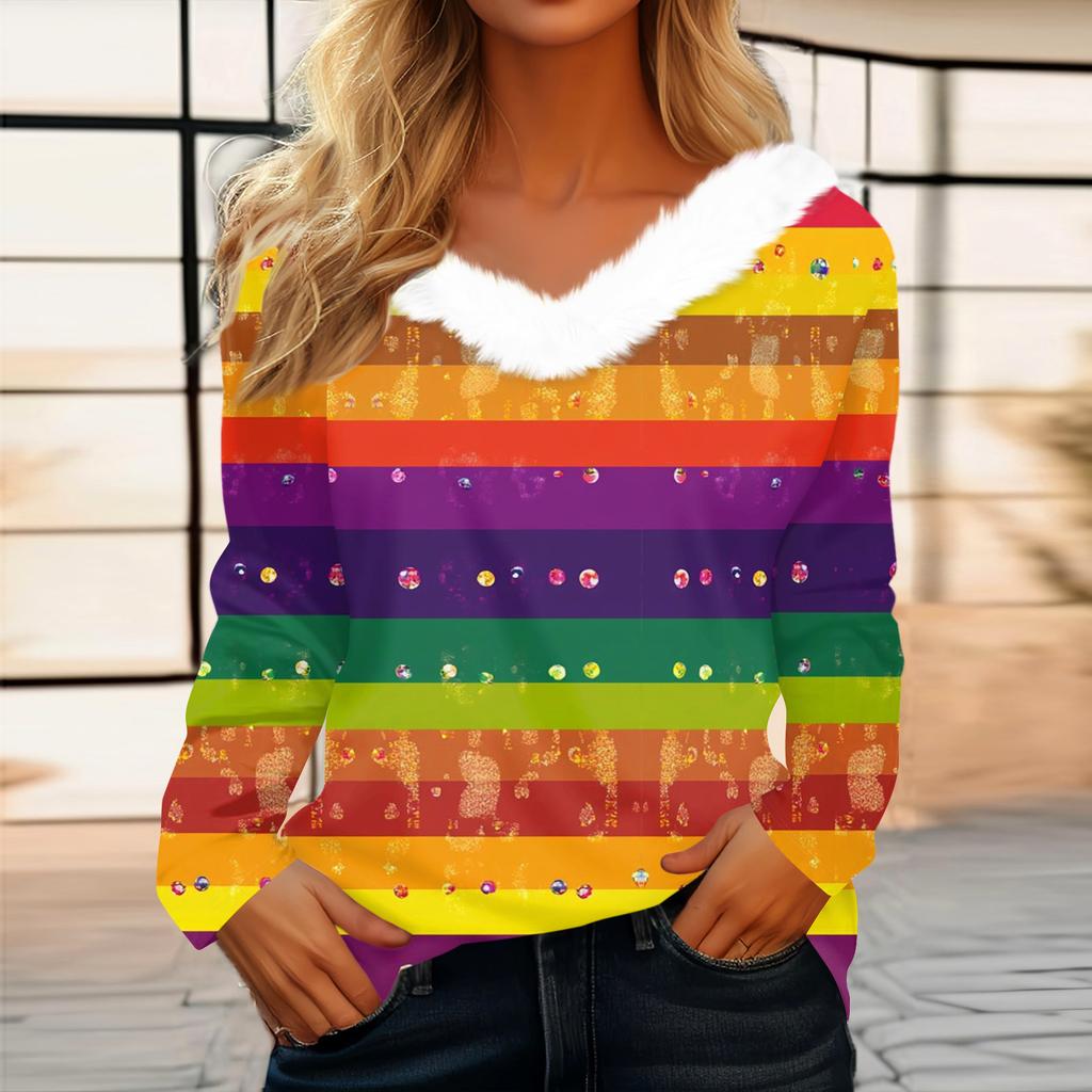 Dámský volný ležérní top s dlouhým rukávem a potiskem, plyšový límec ve tvaru V, top s dlouhým rukávem