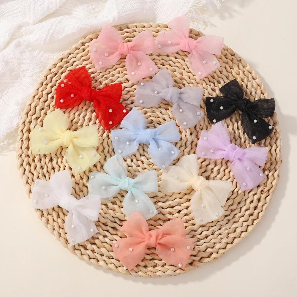 4Pcs/Set Sweet Pearl Bows Hair Clips for Girls Cute Side Clip Solid Color Hairpin Handmade with Bow Hair Accessories Headdress