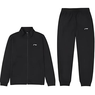 New Era Solid Color Zip-Up Stand Collar Casual Cardigan Sweatpants Hoodie Set Unisex Set Black AWET033-1