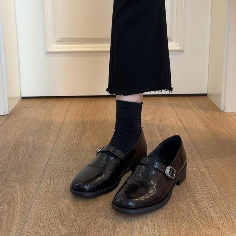 Cowhide version~ row style retro thick-soled thick-heeled small leather shoes, women's one-pedal lazy belt buckle, genuine leather