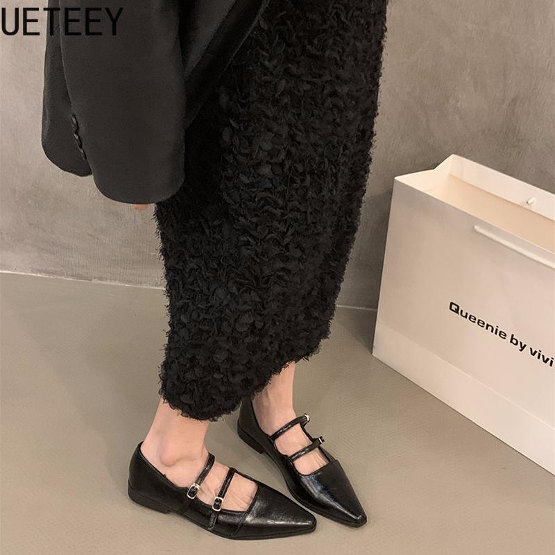 Módní dámské boty Mary Jane s špičatou špičkou, módní mělké boty s přezkou, dámské ležérní společenské boty na nízkém podpatku, kožené boty