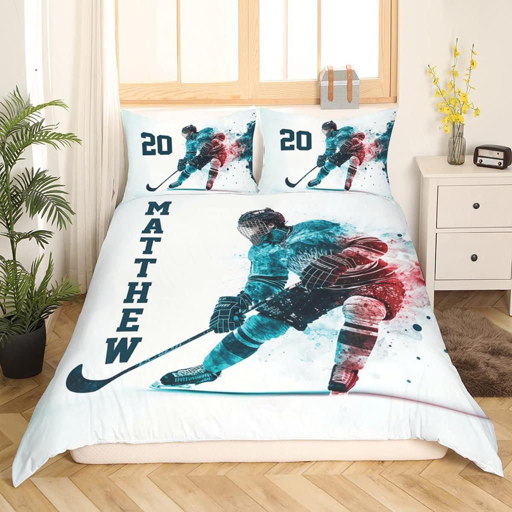 Ice Hockey Duvet Cover For Kids Boys Girls Teens Lightweight Quilt Covers Winter Sports Bedroom Decor Hockey Player Bedding Sets