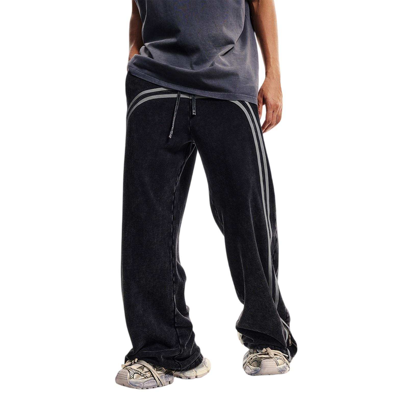 

Straight Leg Pants With Washed Striped Woven Tape Zipper, Wide Leg Sanitary Pants For Men L чорний