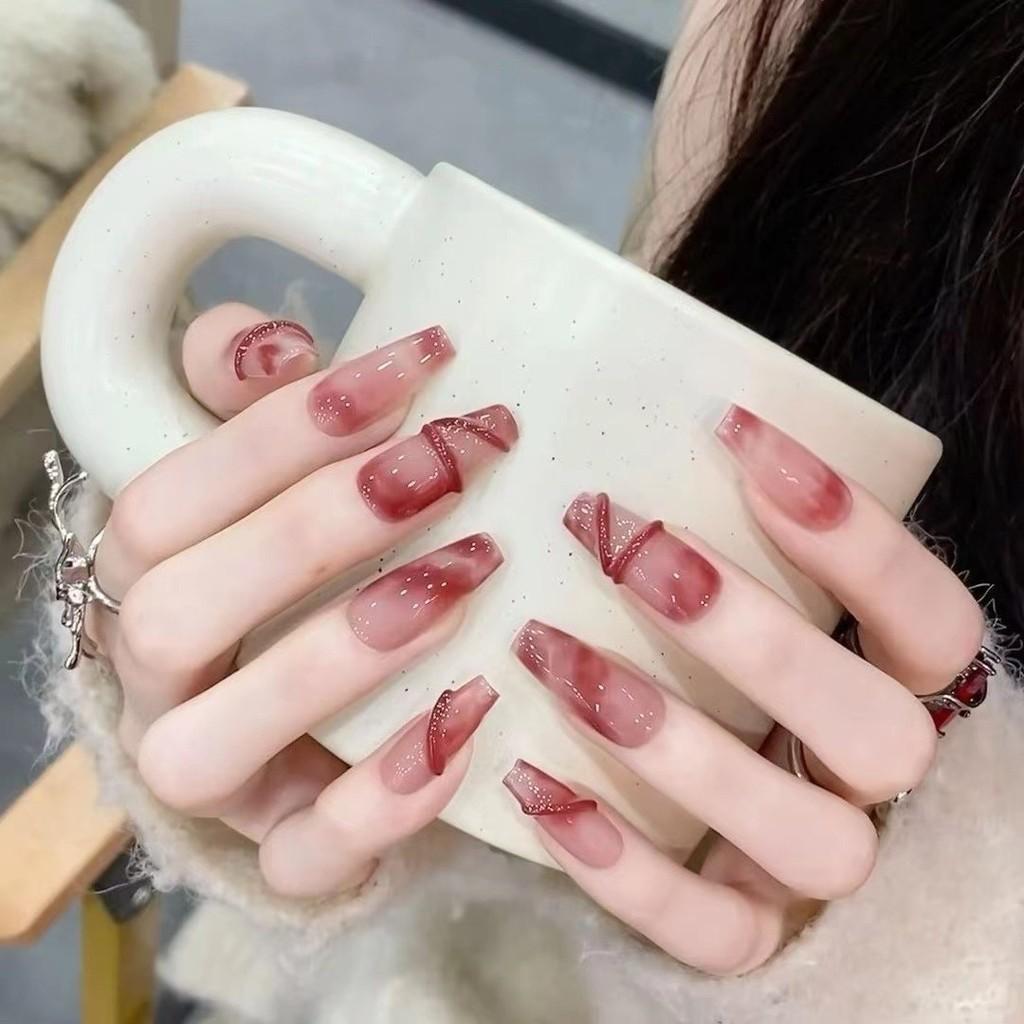 100% HANDMADE Long Coffin Shape Fake Nail Set with Glue Retro Hottie Red Wine Heart Agate Press On Nails Acrylic Fake Nails Reusable Fake Nails