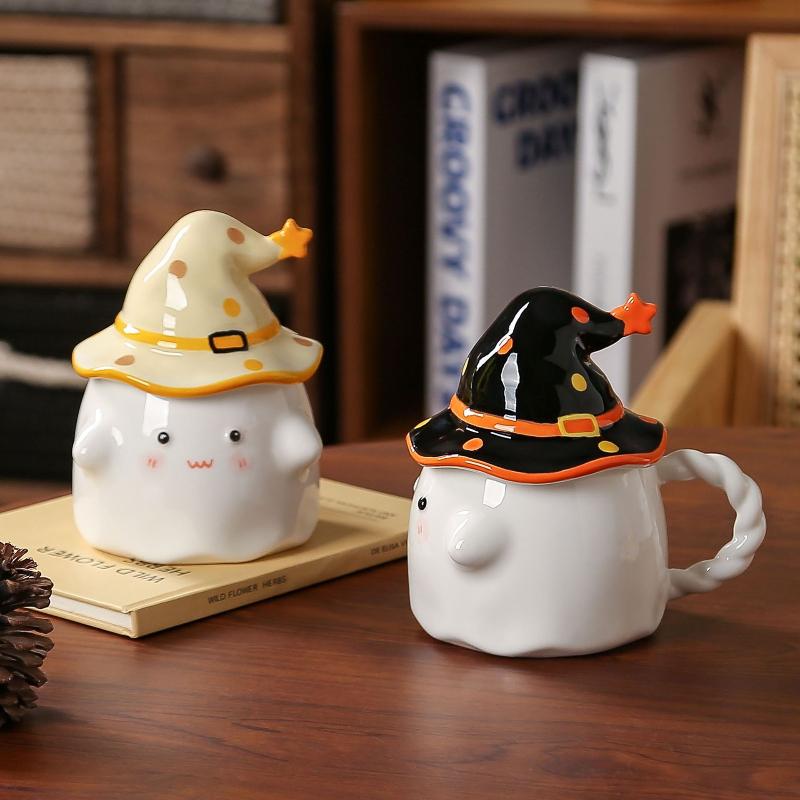 High Appearance Level Ghost Mug with Lid Office Afternoon Tea Coffee Cartoon Ghost Ceramic Cup Halloween Easter Gifts