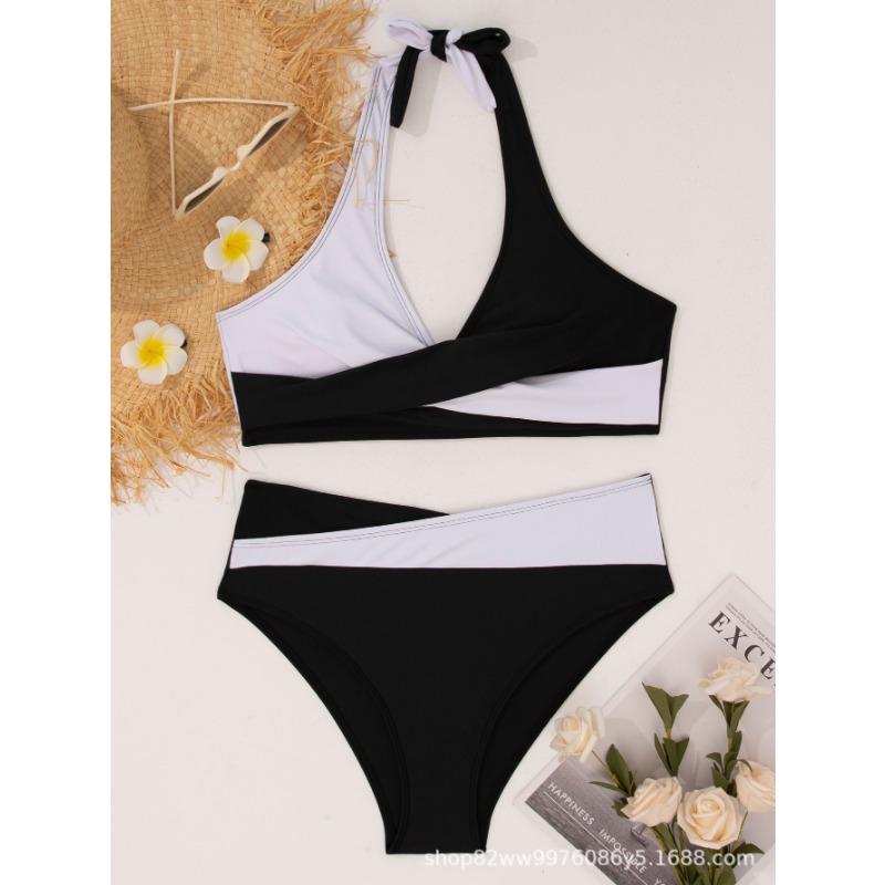 Conjunto de bikini de dos piezas para mujer con cintura alta, escote en V y control de abdomen fruncido.