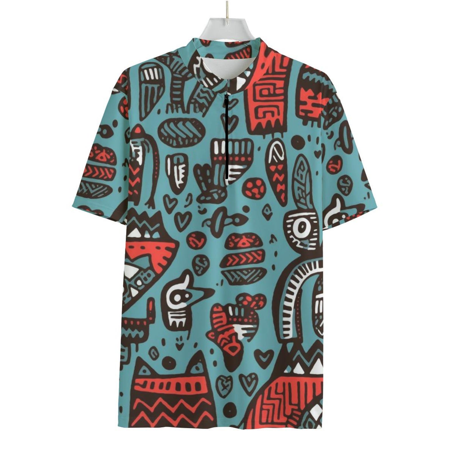 Tribal Doodle Cycling Jersey: Abstract Red & Teal MTB Shirt M