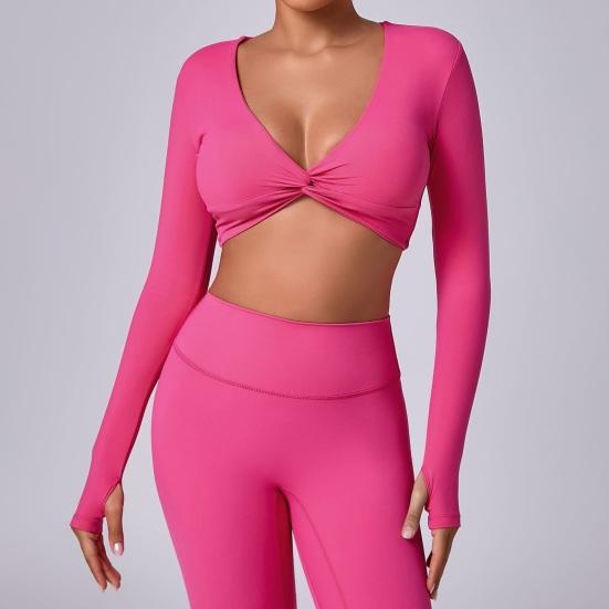 Long Sleeve Workout Tops for Women Twist Front Deep V Neck Cropped Athletic Top Yoga Pilates Gym Outfit