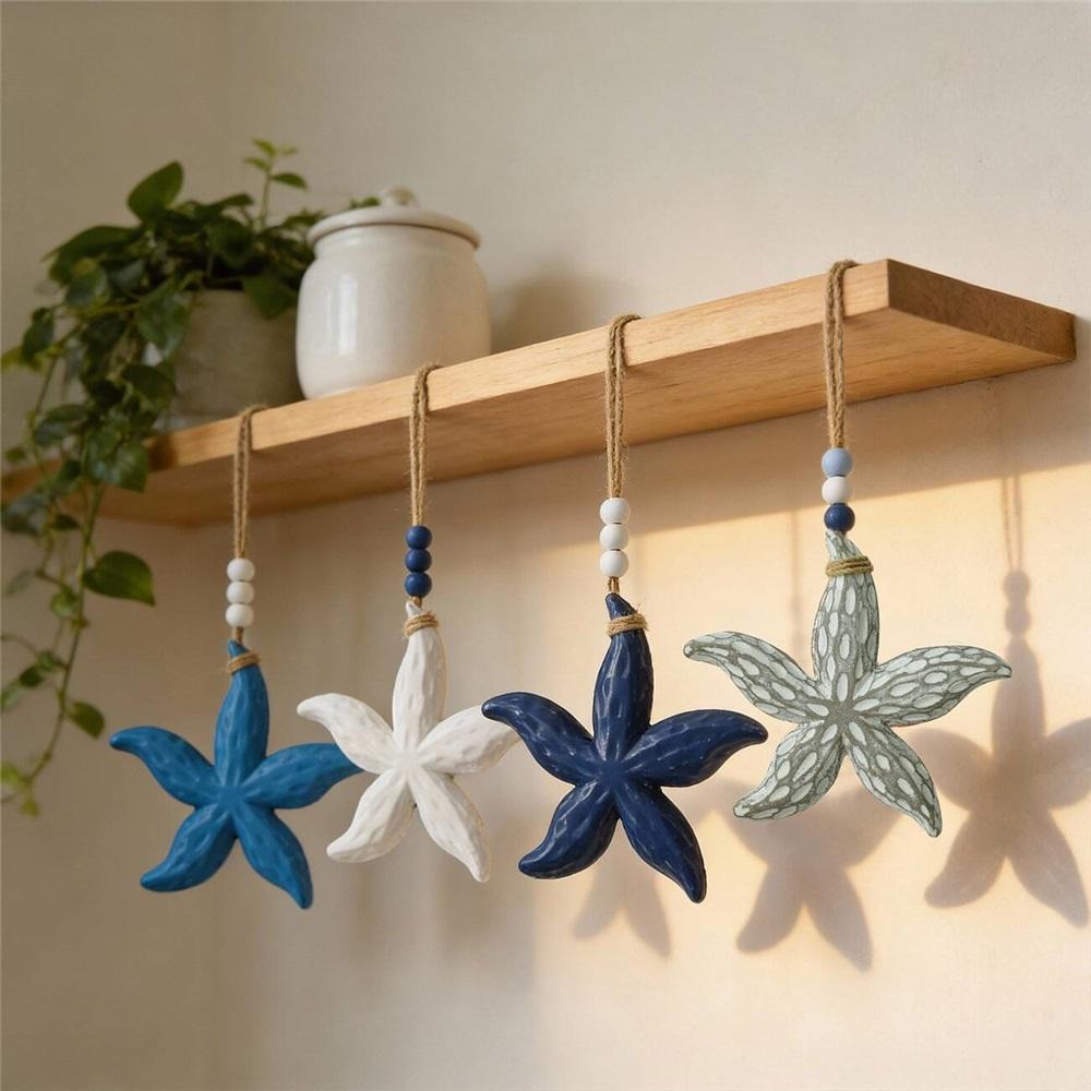 Mediterranean Wooden Starfish Wall Hanging, 40cm Nautical Coastal Decor With Jute Rope, 4 Colors Beach Themed Ornament For Home Bedroom