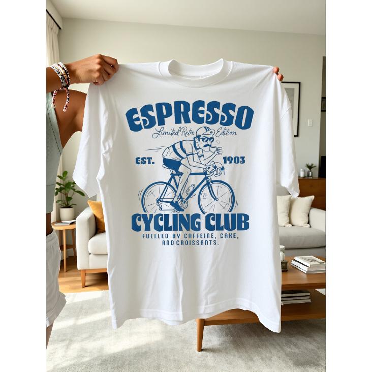 Men's Espresso Cycling Club Retro Bike Coffee T-Shirt - Casual Round Neck Tee Suitable for Riders, Machine Washable, Year-Round Fit for Cycling