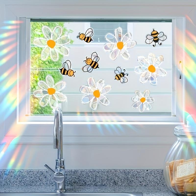 One Sheet Colorful Bee White Flowers Window Spring Home Decoration Glass Stickers Static Cling Double-sided Visual Pattern