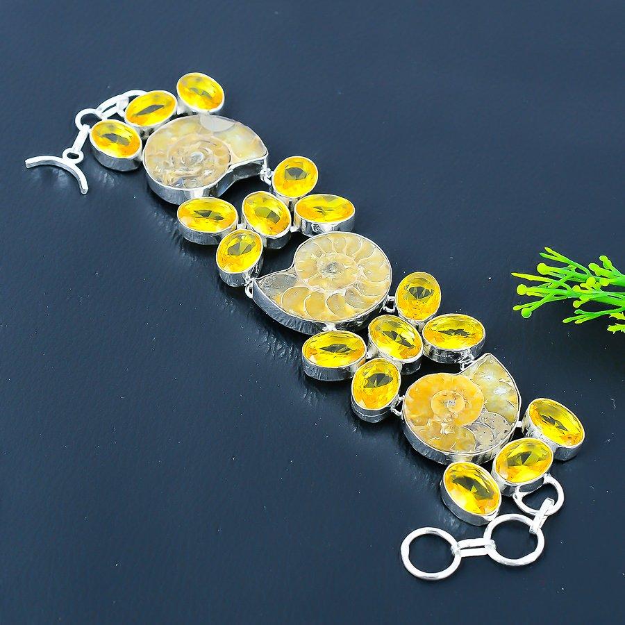 Natural Ammonite Fossil, Citrine Gemstone 925 Sterling Silver Bracelet 8" o1K01