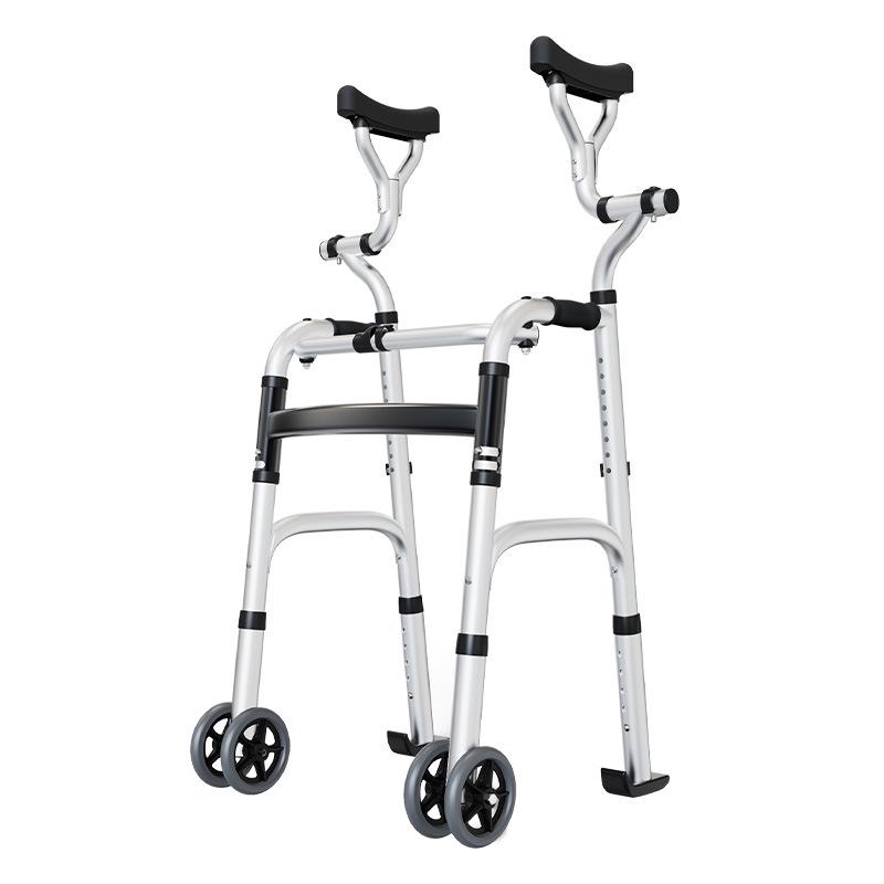 Aluminum Alloy Folding Walker with Wheels, Underarm Crutches, and Seat Cushion for Elderly Rehabilitation.