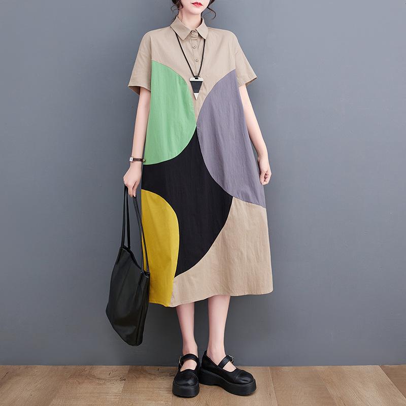 Short Sleeve Patchwork Contrast Color Dresses for Women Loose Casual Vintage Dress Fashion Elegant Clothes Spring Summer 2025