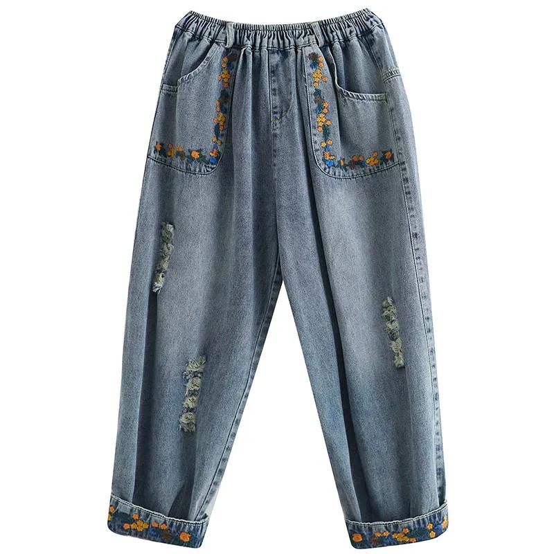 Spring Autumn Women's Plus Size Jeans High Waist Ripped Holes Casual Loose Jeans Vintage Pockets Floral Embroidery Denim Trousers