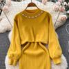 New Autumn Vintage Knitted Sweater Two Piece Set Beading Pullover Top And Spaghetti Strap V-neck Sheath Bodycon Dresses Suit