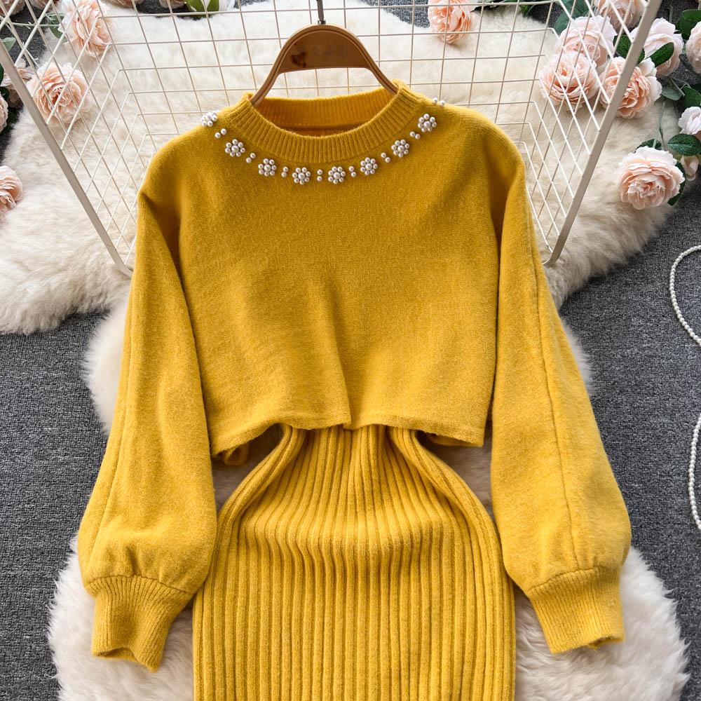 New Autumn Vintage Knitted Sweater Two Piece Set Beading Pullover Top And Spaghetti Strap V-neck Sheath Bodycon Dresses Suit