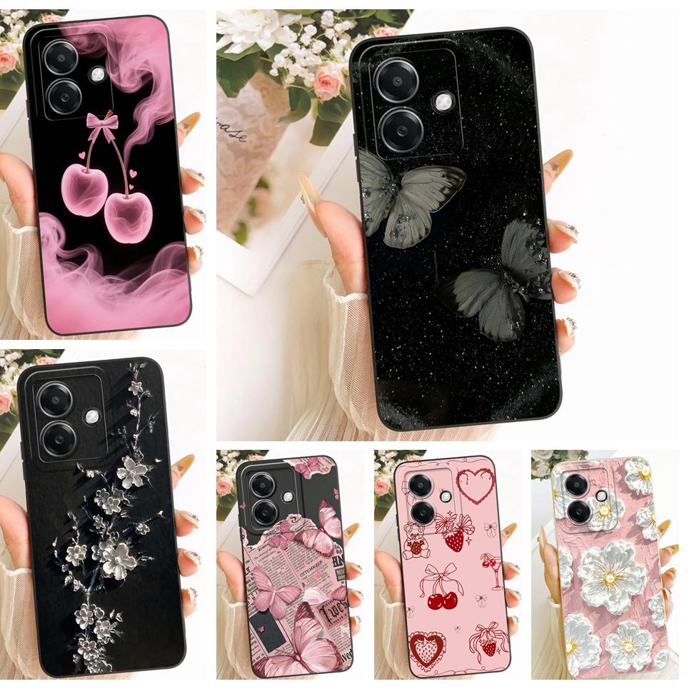 Cherry Daisy Cat Printed Phone Case For Oppo A3x CPH2641 CPH2681 / Oppo A3 4G 5G Back Cover Matte Liquid Silicone Funda Casing