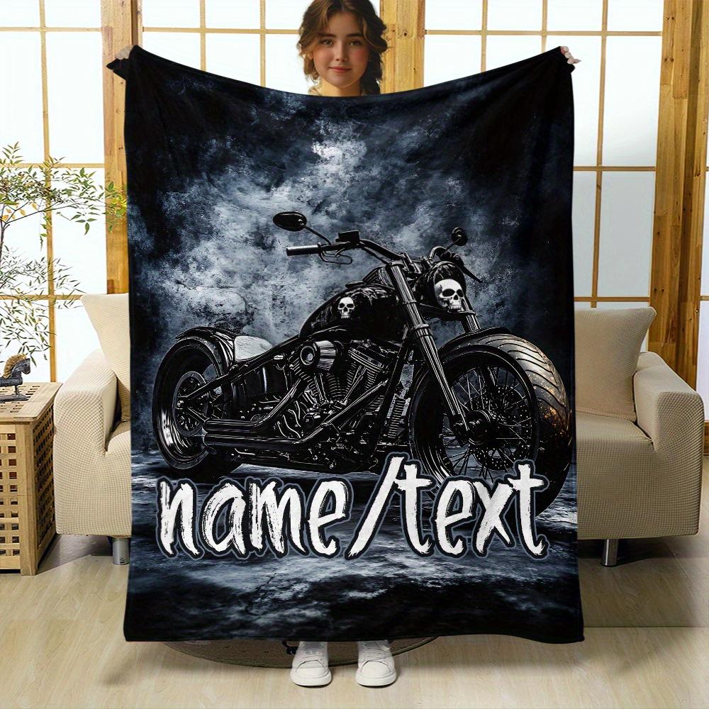 

Personalized Motorcycle Blanket Name Skull Art Soft Fleece Throw Biker Gift Home Decor Dark Theme 75x100cm