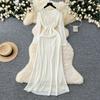 Korean Hollow Crochet Knitted Dress Women's Waist and Thin Long-sleeved Skirt with Bottom Suspender Skirt Two-piece Set