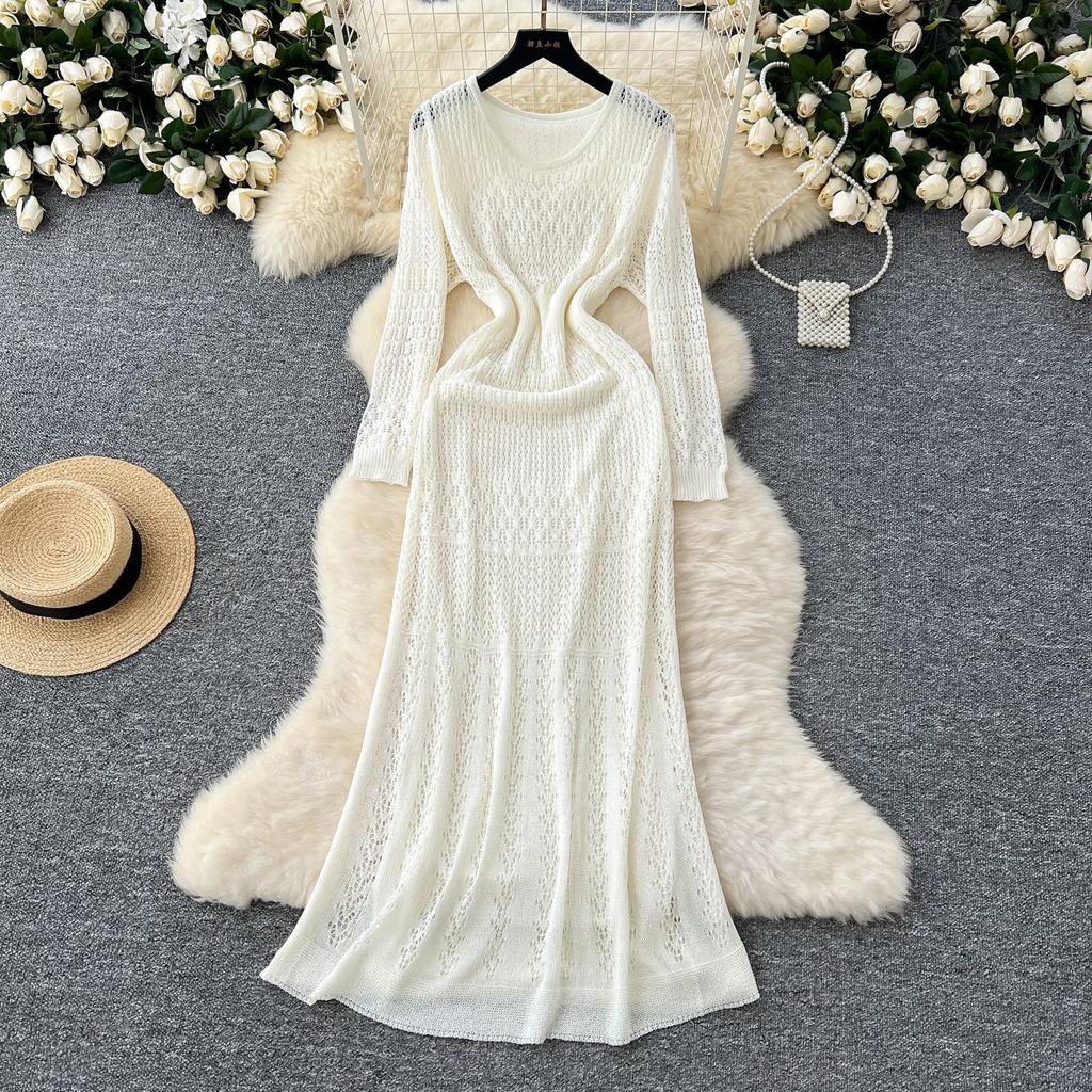 Korean Hollow Crochet Knitted Dress Women's Waist and Thin Long-sleeved Skirt with Bottom Suspender Skirt Two-piece Set