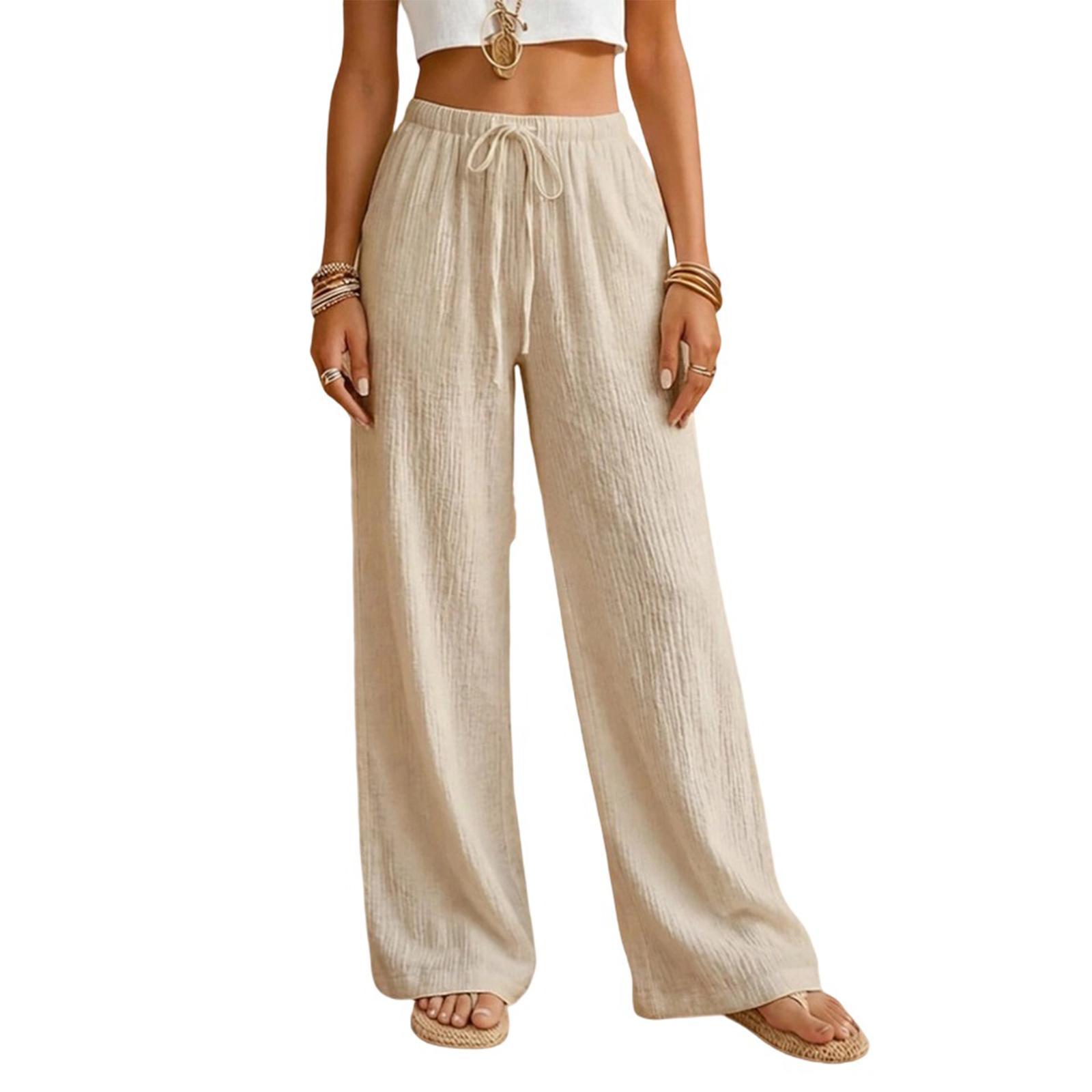 Women s Fashion Loose  Straight Drawstring Pocket Casual Pants L бежевый