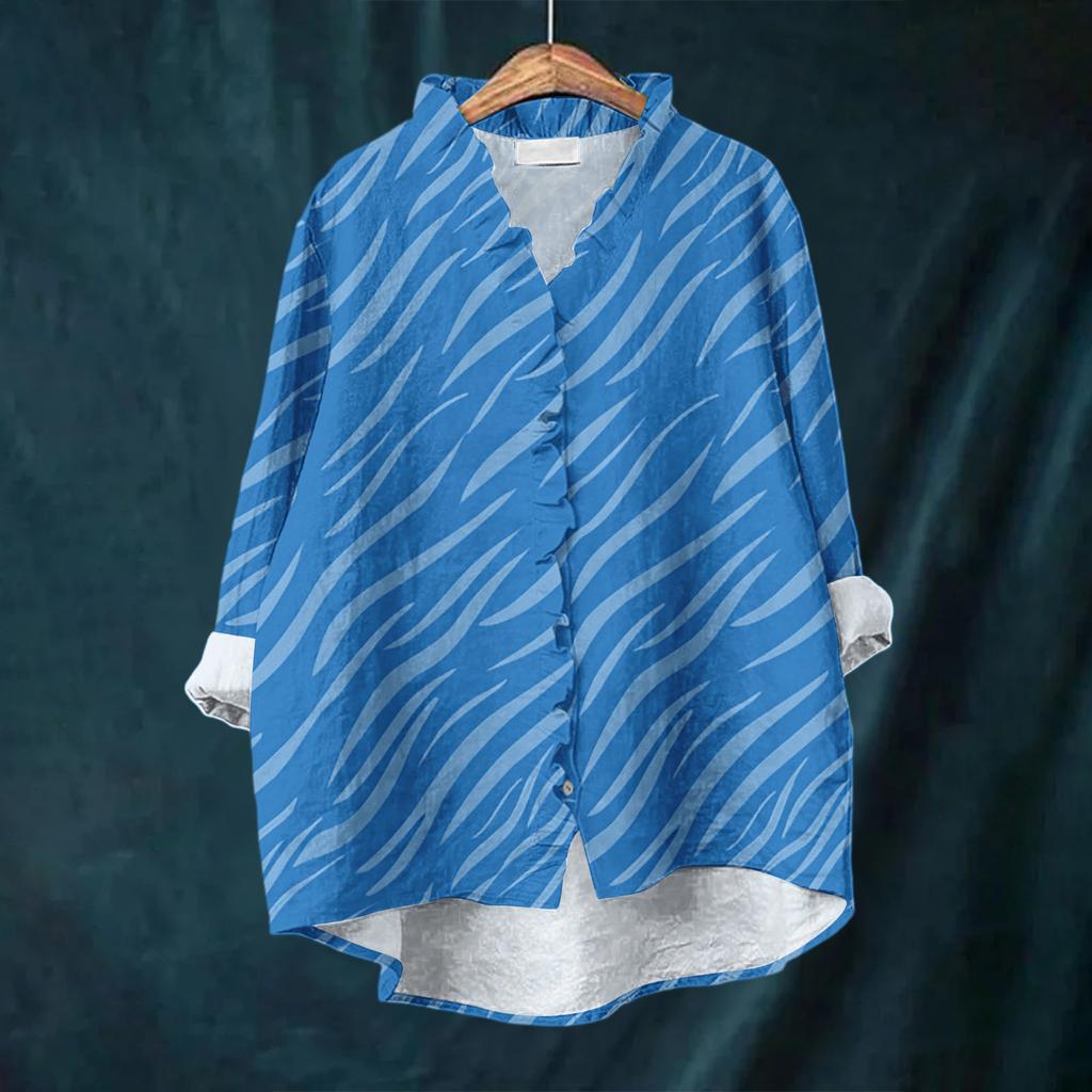 Women's Loose Ruffled Floral Print Stand Collar Long Sleeve Cotton And Linen Top