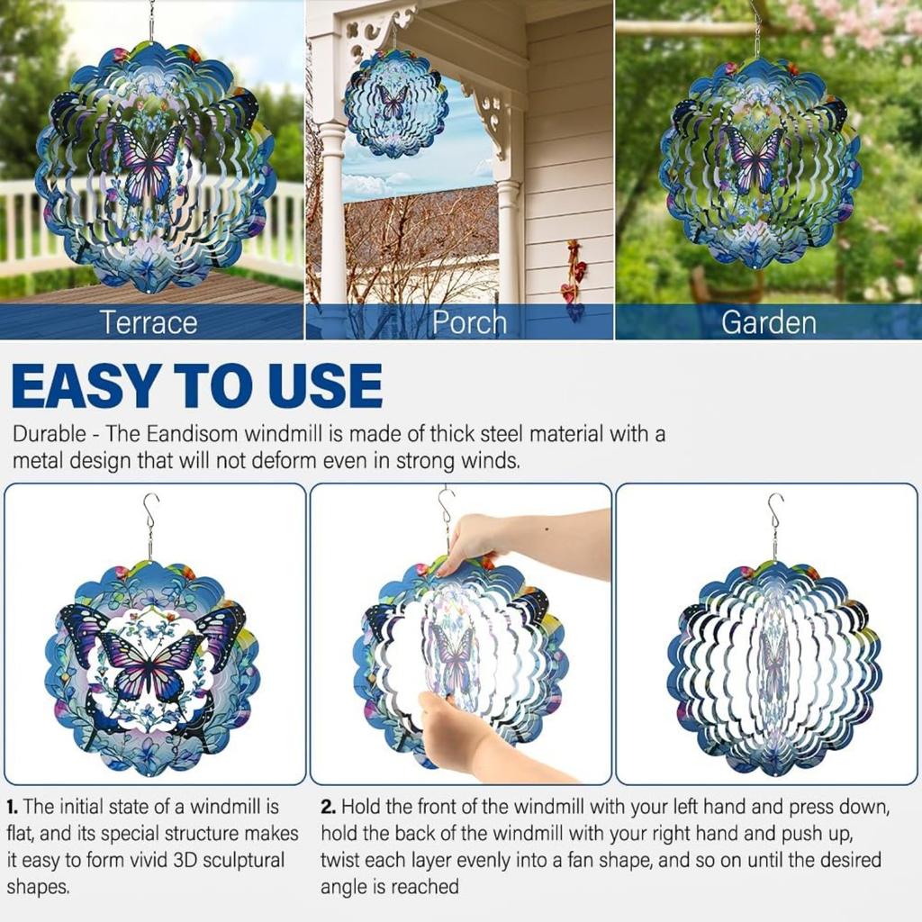 3D-Schmetterlings-Windräder, 12 Zoll Edelstahl Farbverlauf Windrad, Hängende Windskulptur für den Außenbereich Gartendekoration