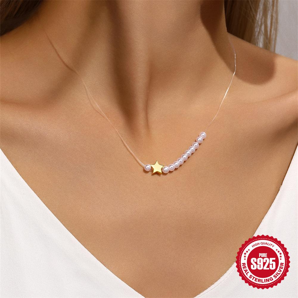 Colier Pandantiv Stea cu Cinci Colțuri Perle Argint Sterling S925 Nișă High-End Linie de Pescuit Lanț Claviculă cu Mărgele Colier de Modă