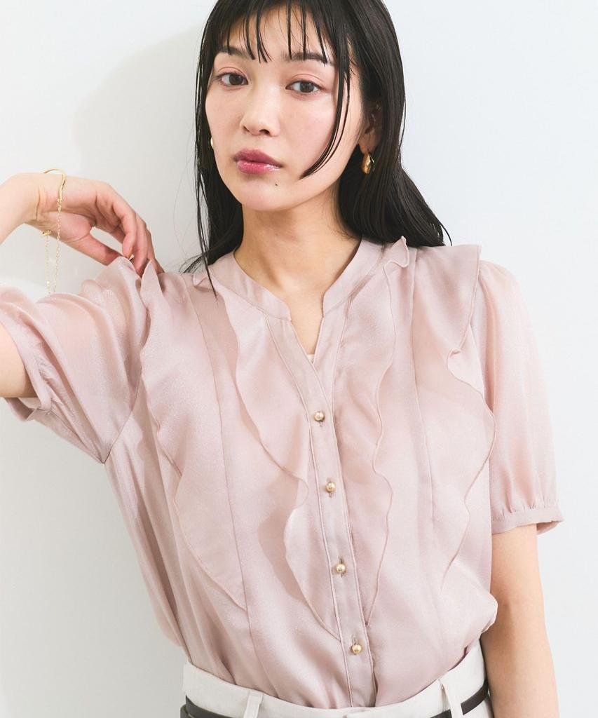 Washable Sheer Ruffle Short Sleeve Pink [BIS] Blouse, Women's, (63)
