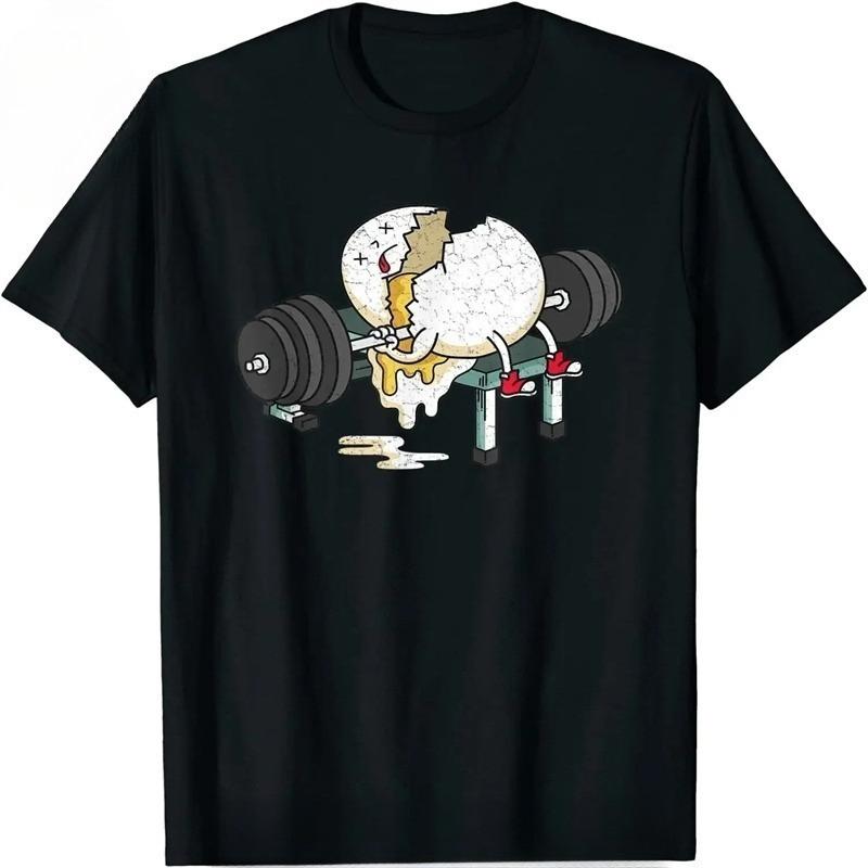 Egg Workout Black Tshirt Cracked Egg Lifting Dumbbell Print with Red Shoes Gym Humor Design Unisex Cotton Fitness Streetwear
