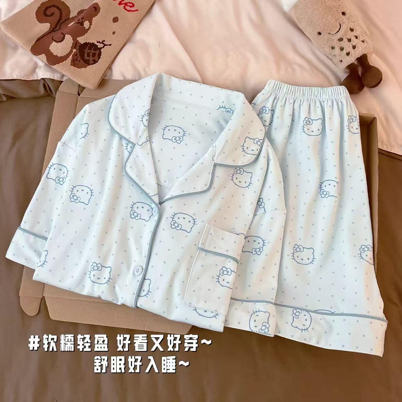 

Japanese princess style blue polka dot Kitty cat pajamas women s summer short-sleeved shorts cardigan two-piece loungewear S