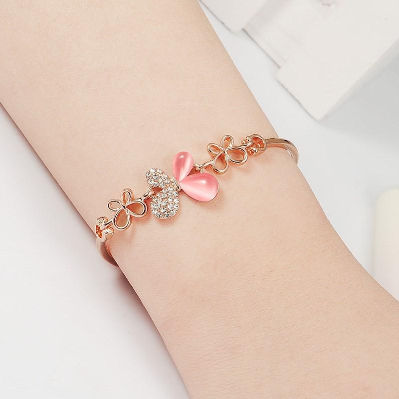 Korean Pink Butterfly Gold-Plated Bracelet: Women's Stylish Diamond-Set Bangle