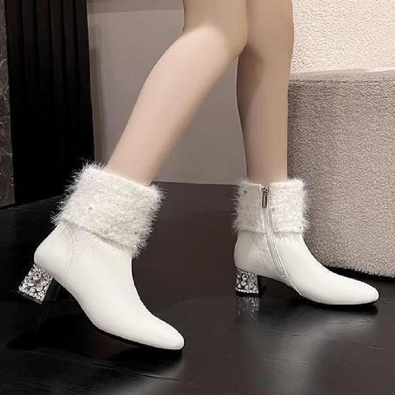 Women's Short Boots 2025 New Water Diamond Fur Coarse Heel High Heels Fashion Square Head with Velvet Thick Bottom Midsole Boots