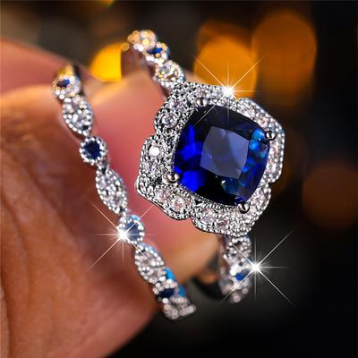 2pcs Female  Color Blue Zircon Stone Ring Set Vintage Bridal Wedding Bands Party Jewelry For Women